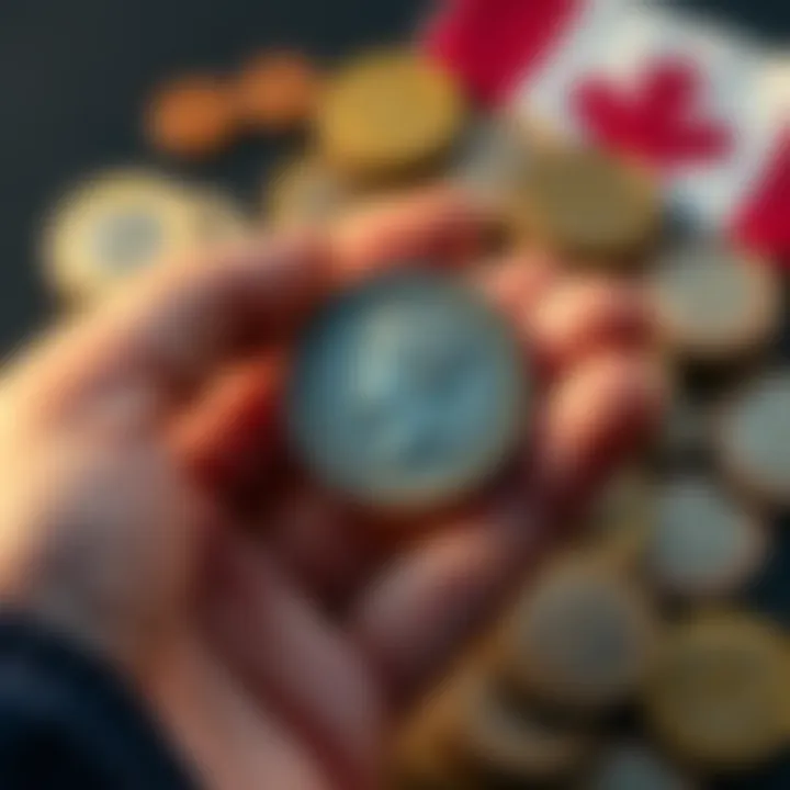 A person holding a Charles III coin, showcasing its design, with Canadian coins in the background.