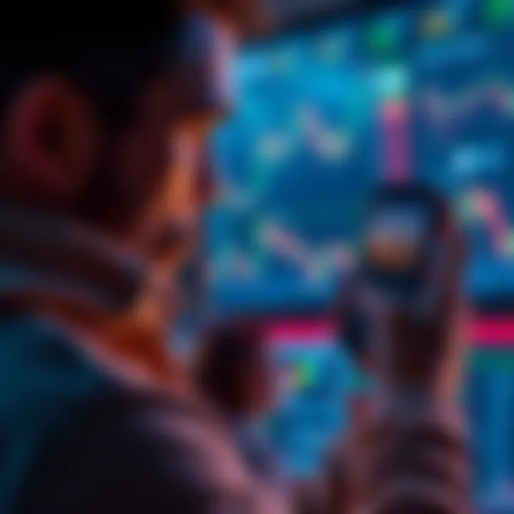 A person looks at cryptocurrency price charts on their smartphone, showing fluctuations and trends, with a focused expression.