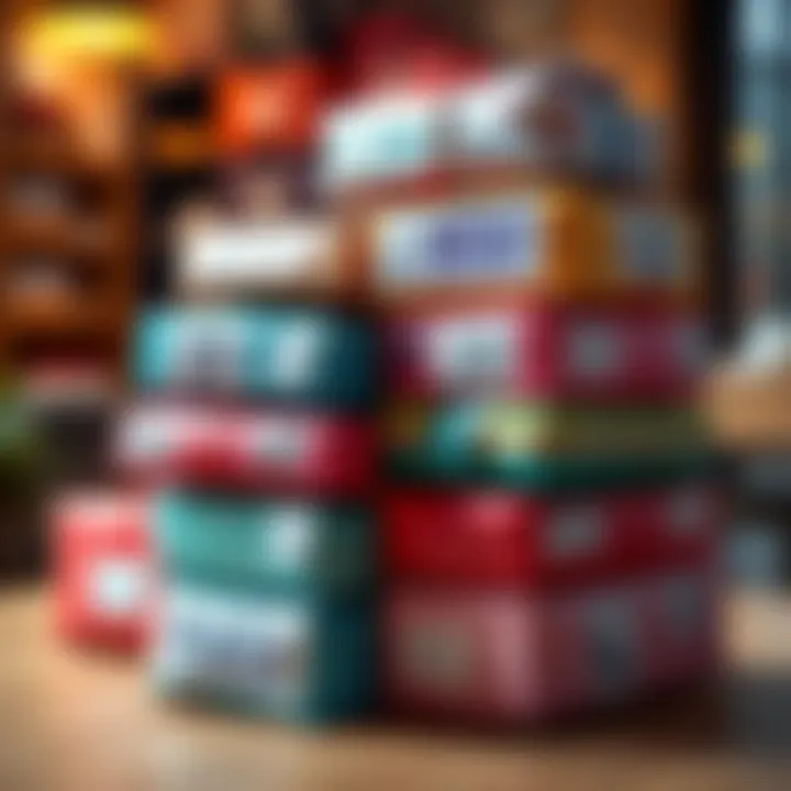 Parcels with Cheeky Messages A stack of colorful parcels with humorous messages on them, representing creative ways to send a message to an ex.
