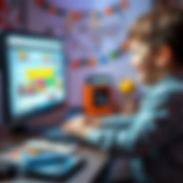 A young child happily designing a colorful website on a computer with various graphics and text elements around them.