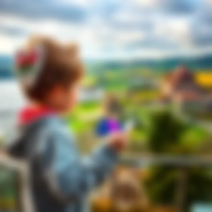 Child using Junior Revolut card in Wales A young child holding a Junior Revolut card while looking at a scenic view in Wales