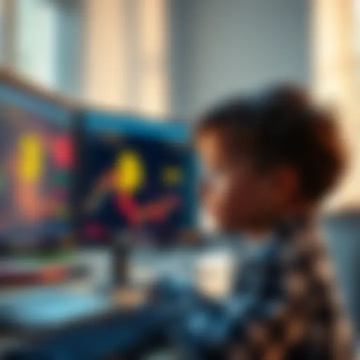 A young child looking at a computer screen displaying Bitcoin symbols and charts, showing interest and curiosity.