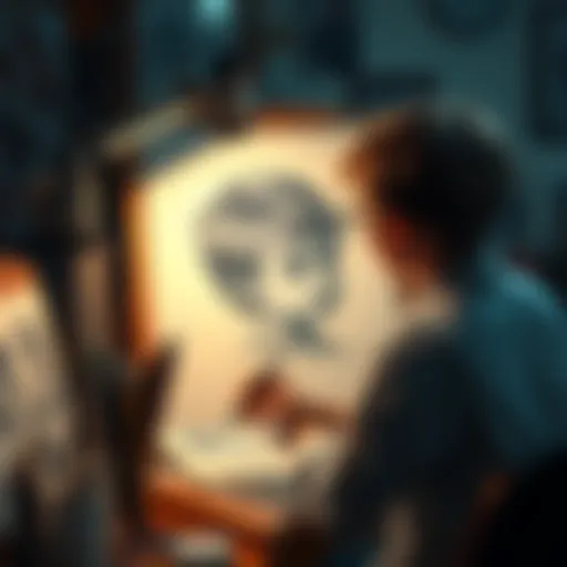 An artist working on a childhood portrait, surrounded by sketches and art supplies, showing the detailed design process