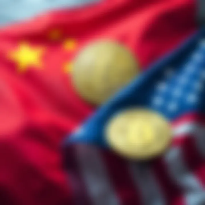China accuses U.S. of Bitcoin theft Chinese flag and U.S. flag with Bitcoin symbols, representing the theft accusation