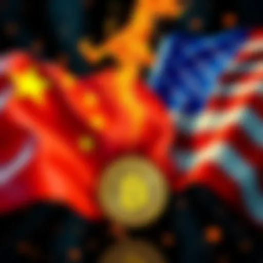 Illustration of China and US flags with Bitcoin symbol, highlighting a cyber conflict over stolen cryptocurrency