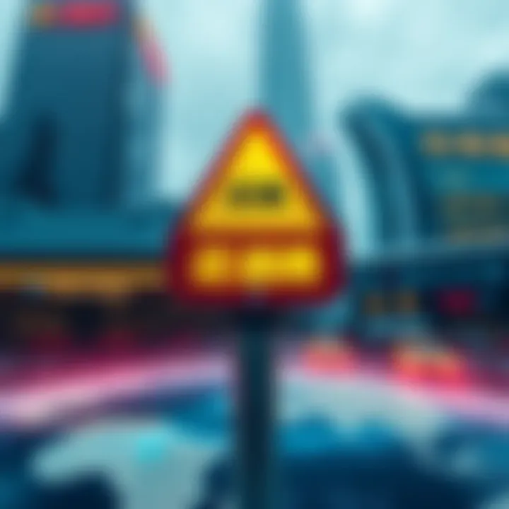 A graphic showing a warning sign with Chinese symbols indicating illegal finance, alongside images of global financial buildings, representing the impact of China's RWA ban on international operators.