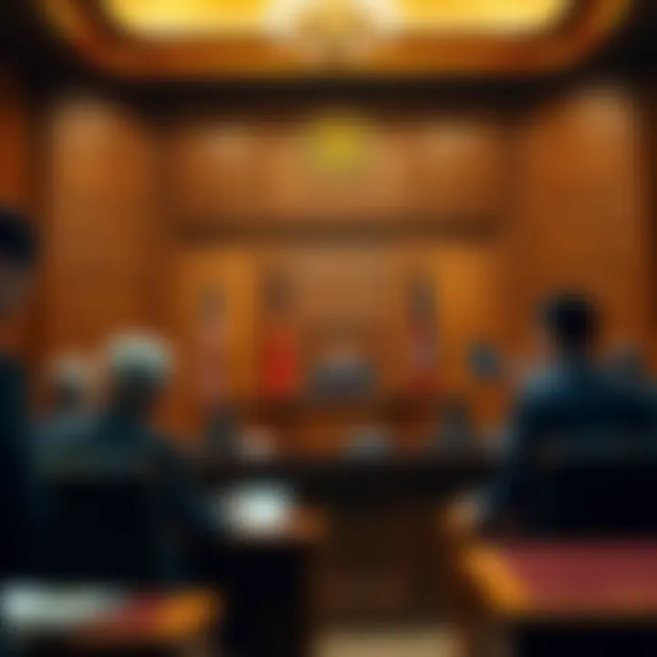 A courtroom scene showing a judge sentencing a Chinese national for a large cryptocurrency fraud case targeting U.S. investors.