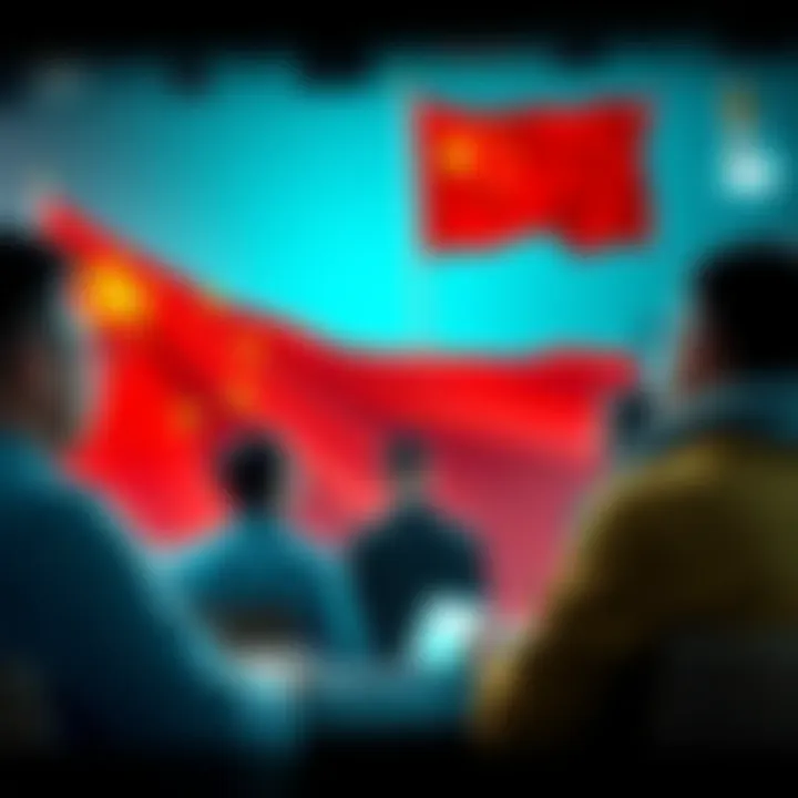A group of people discussing cryptocurrency translations for Trezor with a Chinese flag in the background