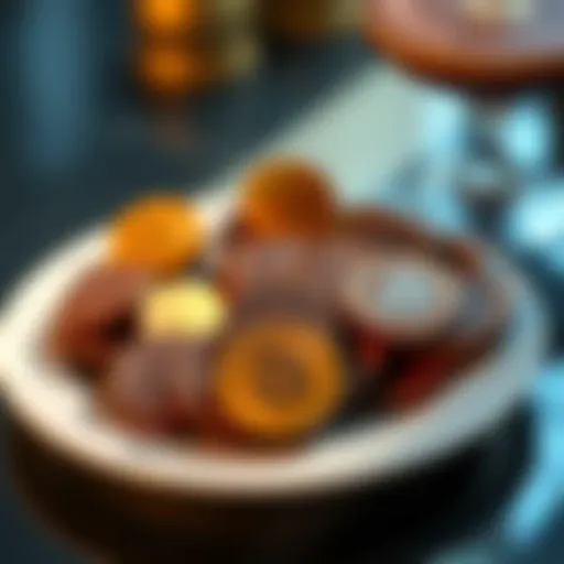 A plate filled with chocolate coins shaped like bitcoins, glistening under soft light