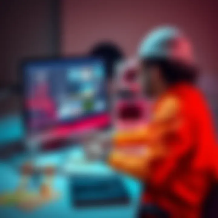 A graphic designer looking at computer options for a construction company website, surrounded by design materials and a notebook.