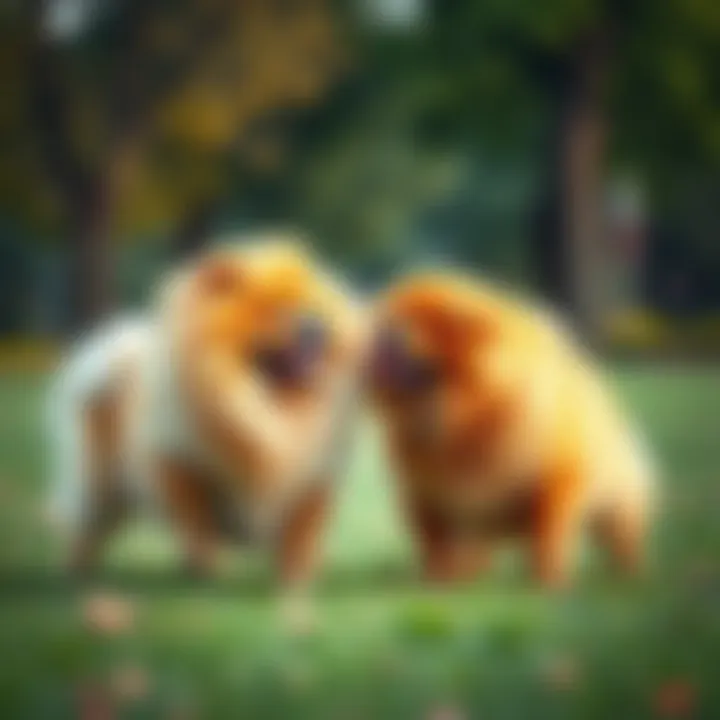 Two Chow Chows, one female and one male, interact playfully in a park, showcasing their different temperaments