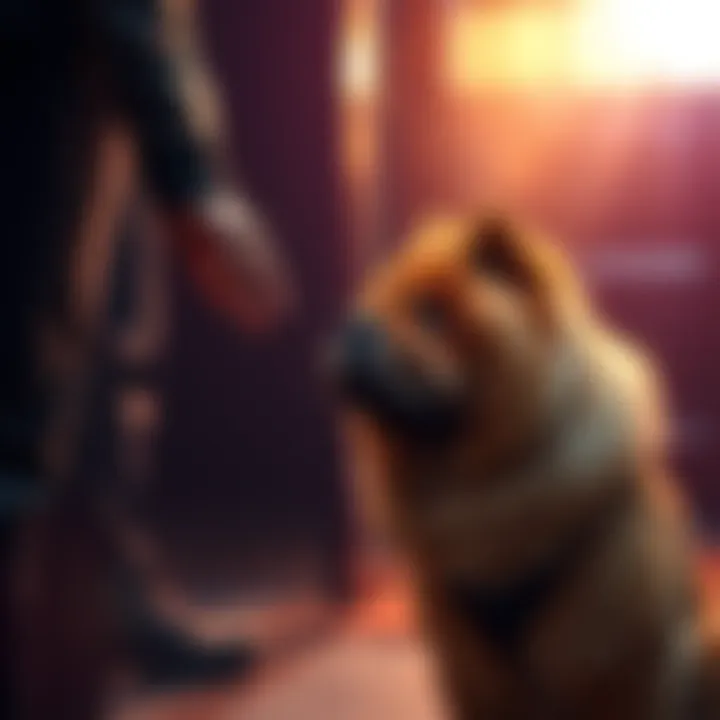 Chow dog greeting a guest A Chow dog cautiously approaching a person at the door, showcasing its social behavior with visitors.