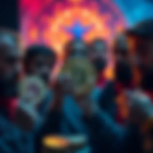 A group of Christians examining Bitcoin coins while holding a cross symbol, showcasing their investment interest in cryptocurrency.