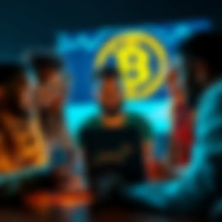 A group of diverse Christians gathered around a laptop, discussing cryptocurrency investments, with digital currency graphics on the screen.