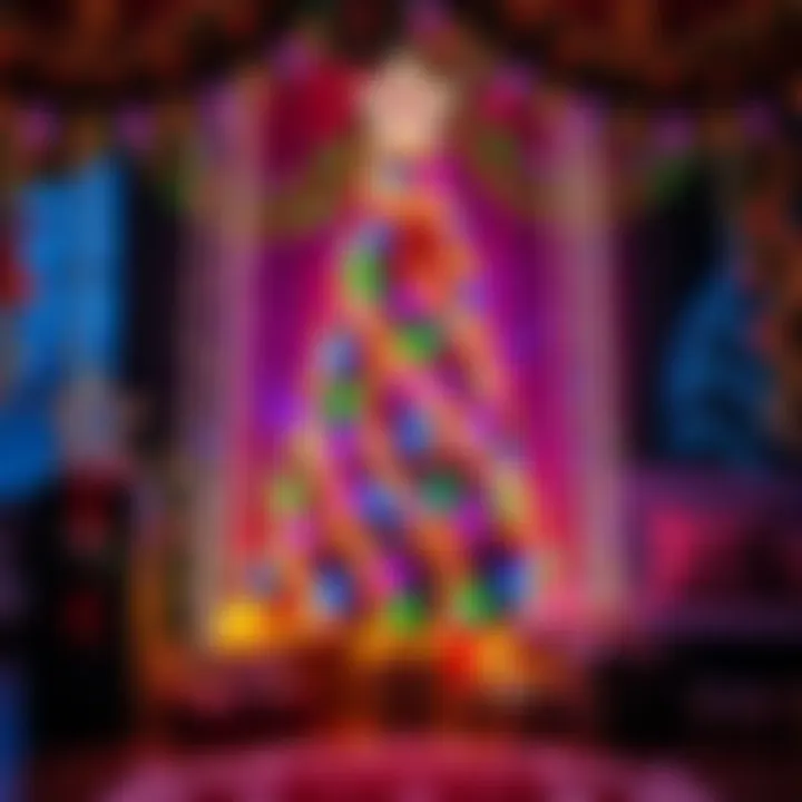 A festive scene showing a beautifully decorated Christmas tree surrounded by colorful lights, ornaments, and gifts, creating a joyful holiday atmosphere.