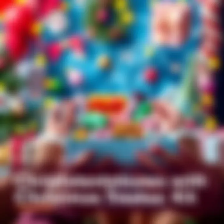A festive box filled with colorful holiday treats and surprise items being opened by excited hands