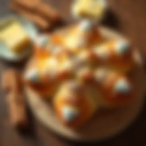 A golden-brown Cinnamon Star Bread with a star shape, placed on a wooden table. The bread is dusted with powdered sugar and accompanied by cinnamon sticks and a plate of warm butter.