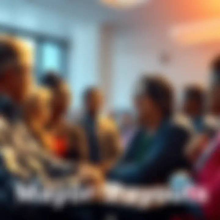 A group of diverse citizens engaged in conversation about mayor payouts at a town hall meeting