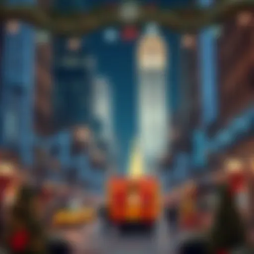 A city square filled with Christmas lights, trees, and festive decorations