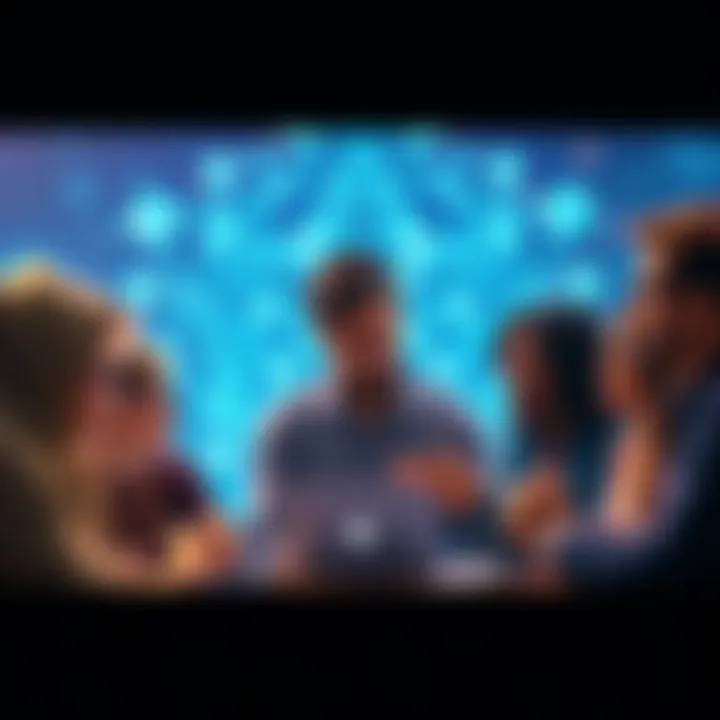 A group of diverse people discussing blockchain technology with quantum symbols in the background