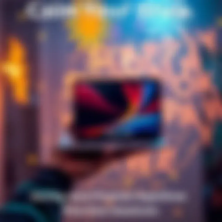 A person holding a MacBook Pro with a celebratory background