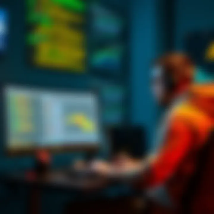 A person sitting at a computer, looking at code and graphs on a Linux interface, focused on claiming their mining bonus after migration.