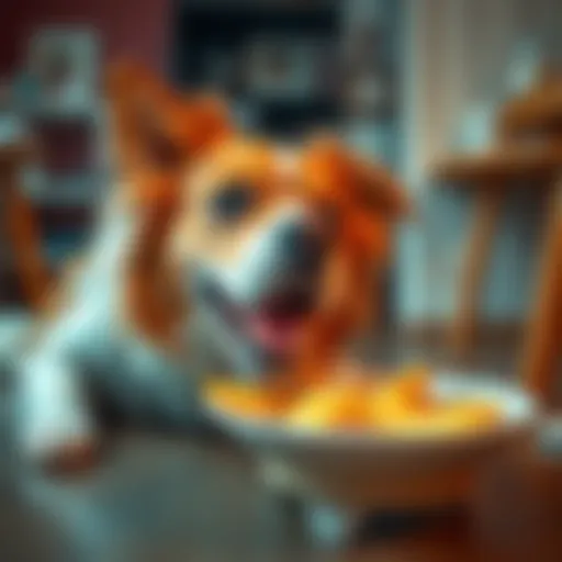 A happy dog named Clare eating from her bowl, showing signs of recovery and excitement.