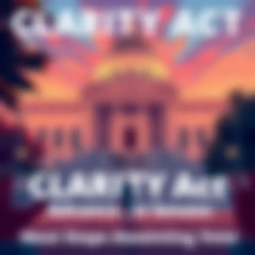 Illustration of the Senate building with lawmakers discussing the CLARITY Act progress