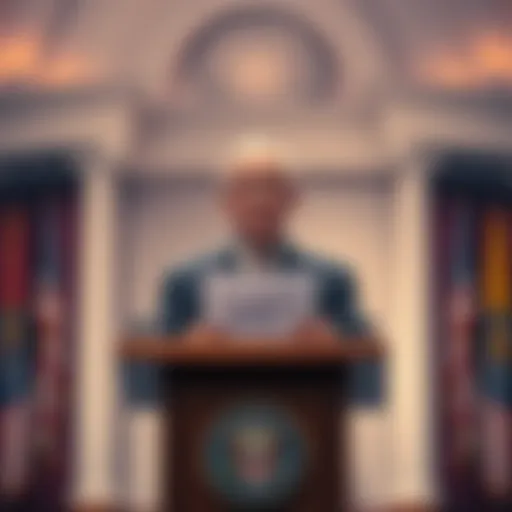 A government official stands in front of a podium with the Clarity Act Bill document, ready to make an announcement to the public.