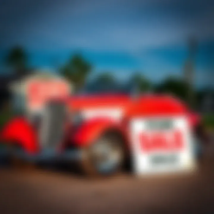 A classic 34 Ford roadster parked with a for sale sign, representing the decision between reserve and no reserve auction.
