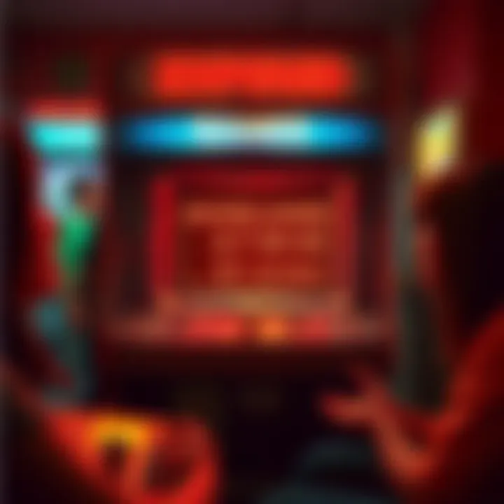 A vintage arcade game machine showing an expiration date on the screen, with players looking concerned and confused.