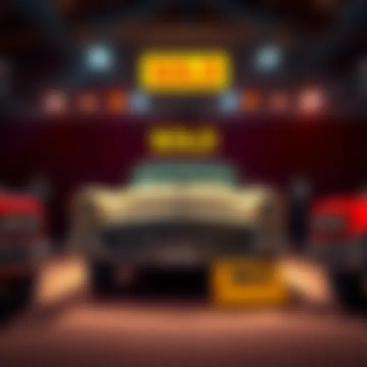 A classic car under auction lights with a 'sold' sign, showing buyer frustration over a misrepresented vehicle.