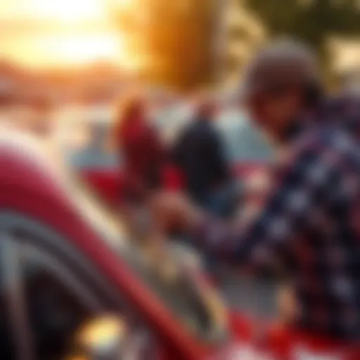 A person examining a vintage car at a local Nashville car meet, engaging with fellow car lovers, surrounded by classic automobiles.