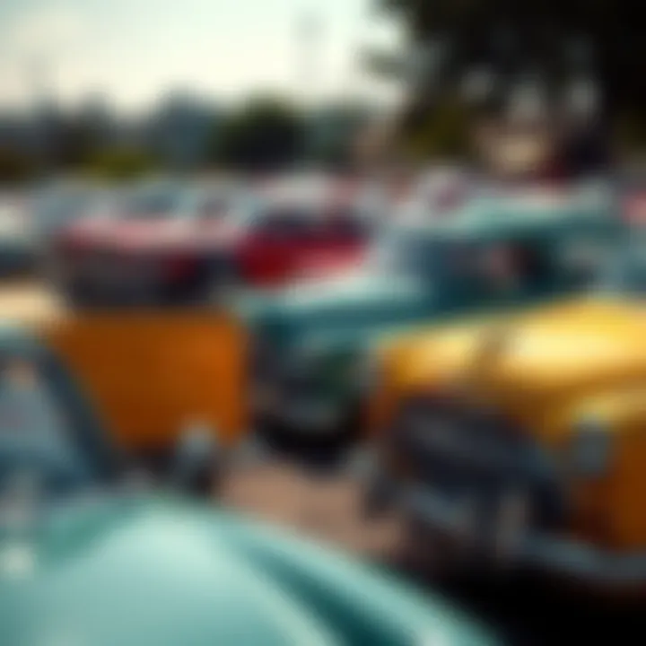 A collection of classic cars parked on a sunny day, showcasing various vintage models in good condition, reflecting nostalgia for earlier car listings.