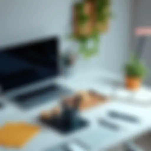 A tidy desk with stationery, a laptop, and a plant, representing neatness in daily life.