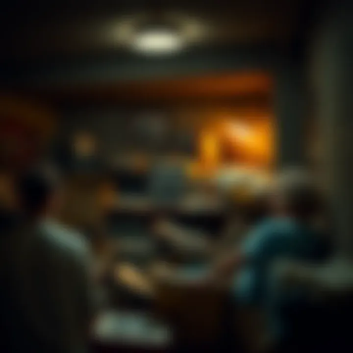 A person sorting through boxes in a dimly lit basement, surrounded by old photographs and keepsakes, reflecting on family memories.