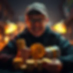 Clifton Collins with stacks of Bitcoin coins and cash, showing excitement over $400 million Bitcoin discovery