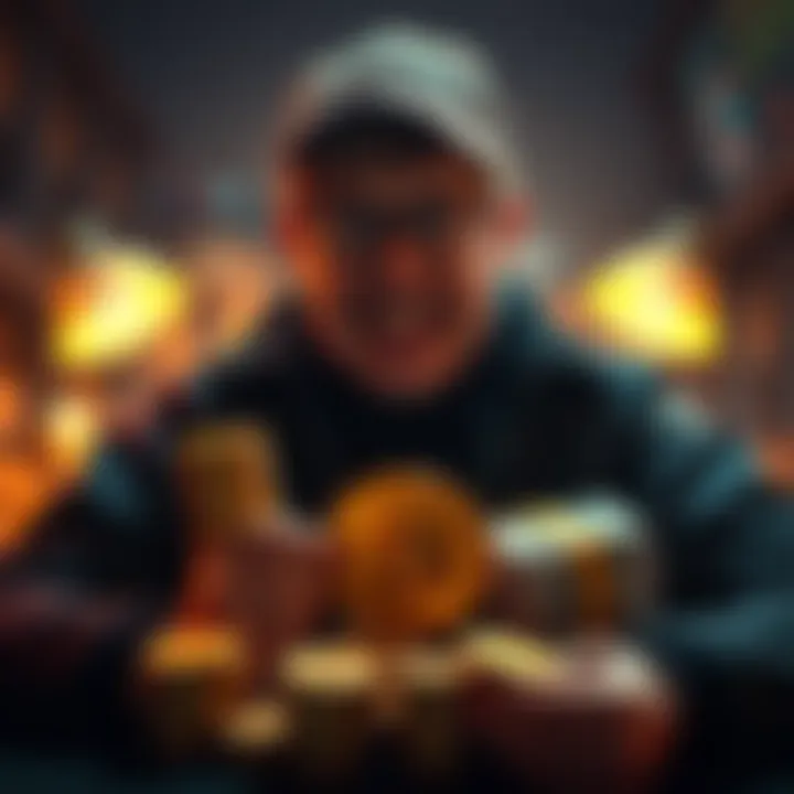 Clifton Collins with stacks of Bitcoin coins and cash, showing excitement over $400 million Bitcoin discovery