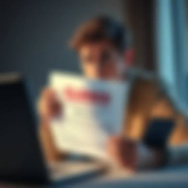 A person looking worried while holding a closed account notice from River Financial, with a laptop and a phone nearby showing account status, reflecting frustration over money access issues.