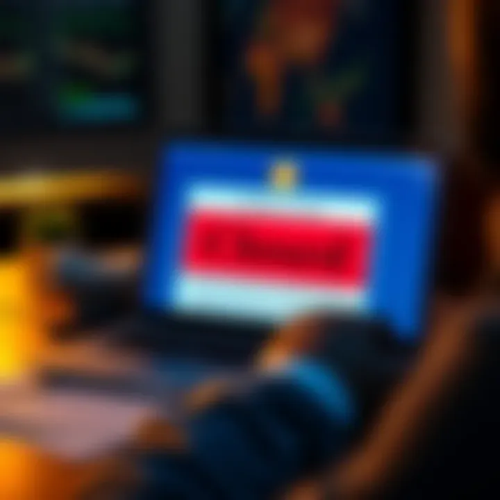 A person looking at a laptop screen displaying a Coinbase account closure notice with financial documents nearby.