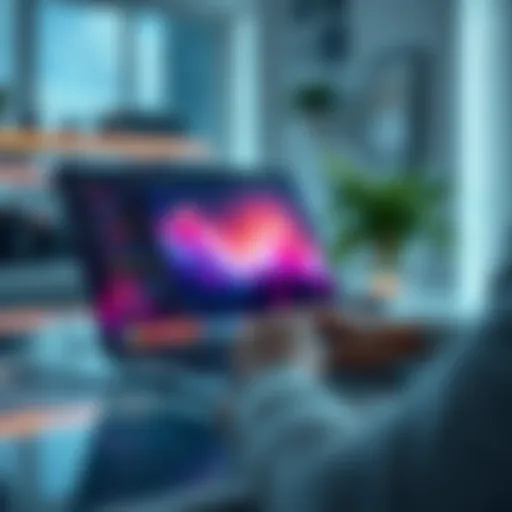 A person using a laptop in a bright workspace, showcasing Claude Chrome running in the cloud with data streams visualized on the screen.