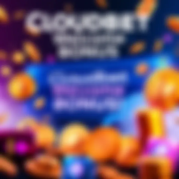 A vibrant graphic showing instant rewards for betting with Cloudbet, featuring coins and game icons.