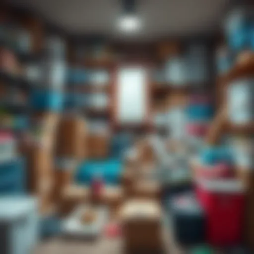 A messy room filled with various storage boxes and shelves showing the need for organization due to excessive items bought from Vine.