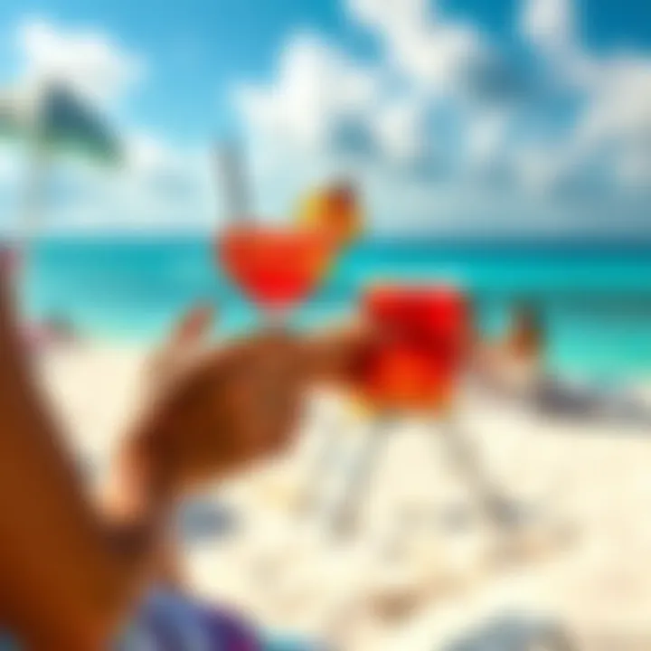 Cocktails on a Cancun beach A person enjoys colorful cocktails on the sandy beach of Cancun during a sunny day, highlighting vacation relaxation.