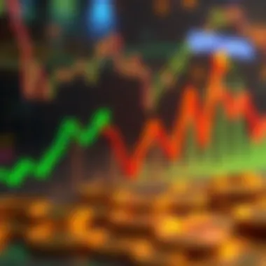 A chart showing the ups and downs of a cryptocurrency's value over time, with green arrows indicating increases and red arrows indicating decreases