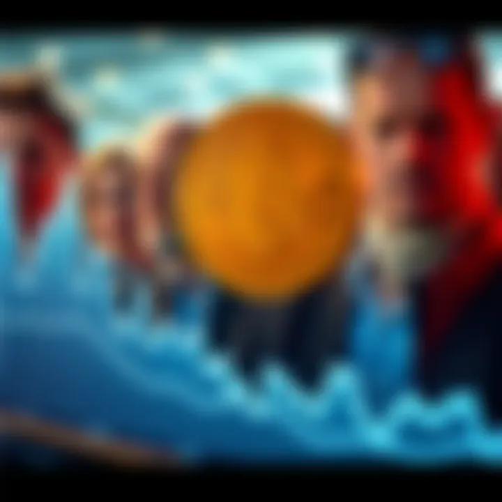 A graph showing a sharp decline in value, representing Gavin's coin dropping 99%, with concerned investors in the background looking worried.