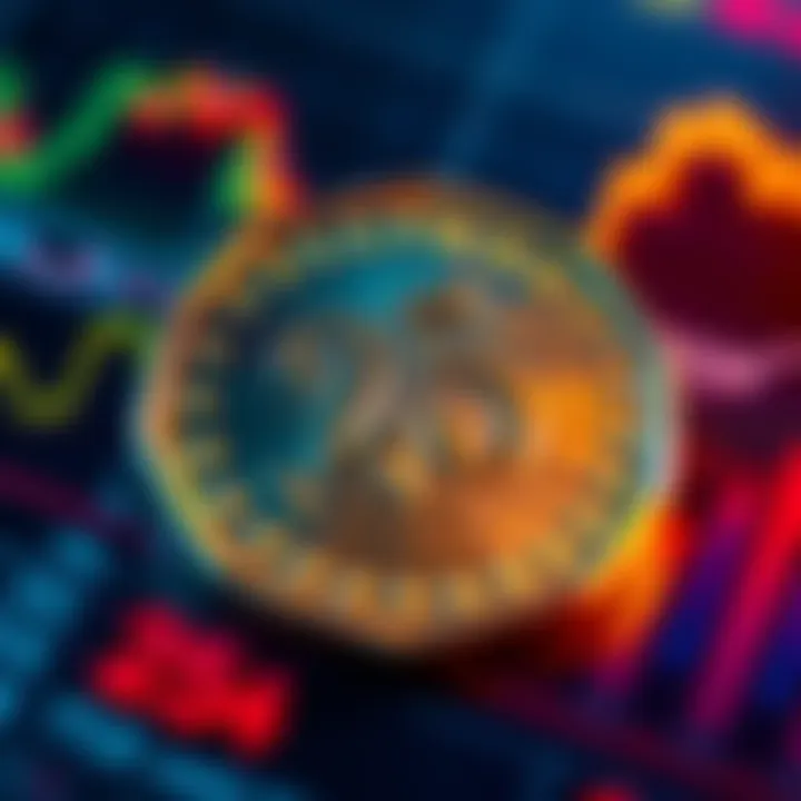 A close-up of a shiny coin with 25 cents displayed prominently, surrounded by charts and graphs indicating rising values, symbolizing market speculation.