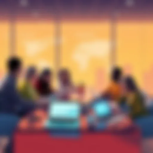 A group of people discussing their experiences with coin swap services at a table, with charts and laptops showing data on the screen.