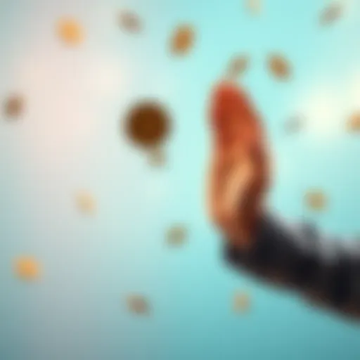 A hand tossing a coin in the air with a fun background representing finance and independence