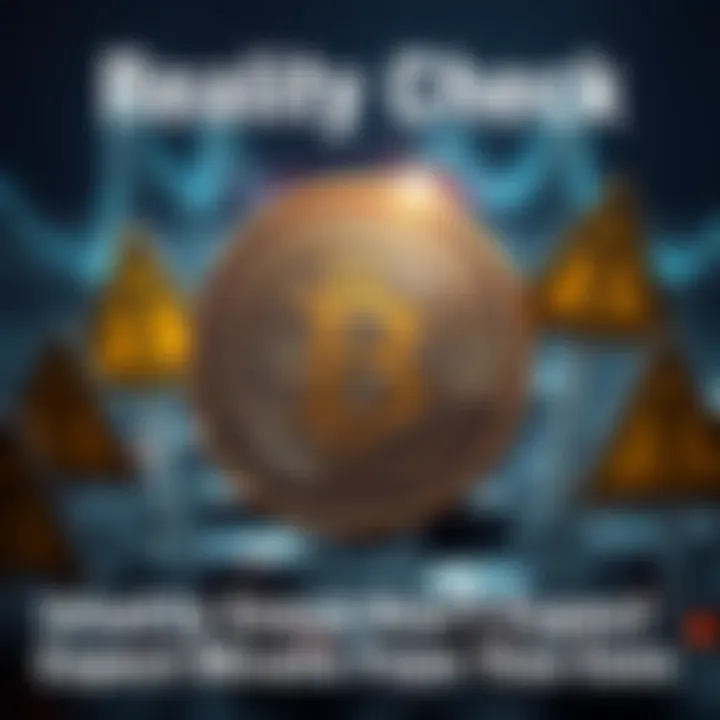 Coin with warning sign A visual representation of a digital coin surrounded by warning signs about unrealistic investment expectations, emphasizing caution for investors.